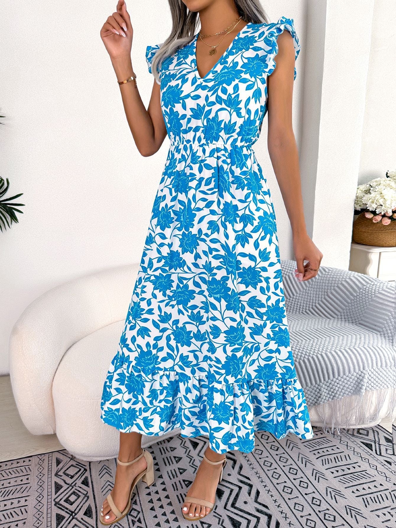 Spring and summer casual fungus edge flower waist long dress vacation dress for woman