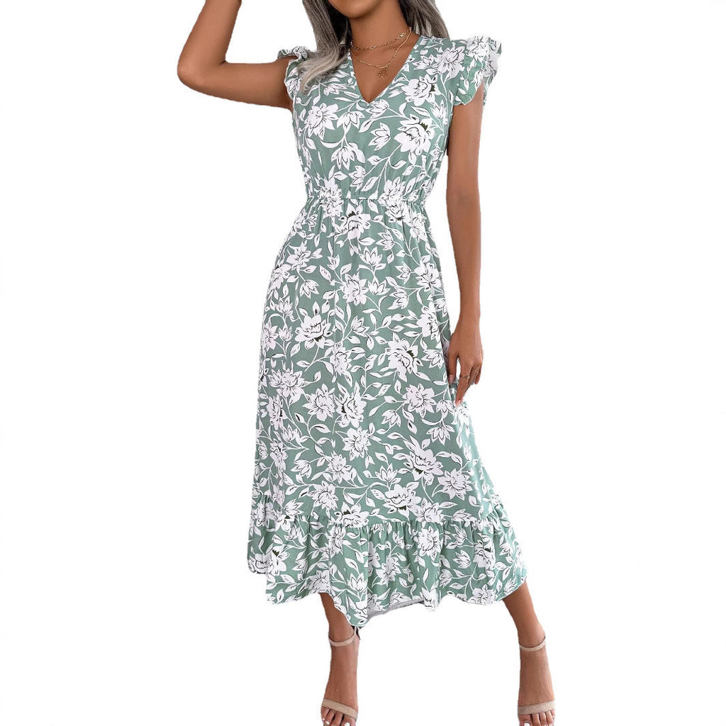 Spring and summer casual fungus edge flower waist long dress vacation dress for woman